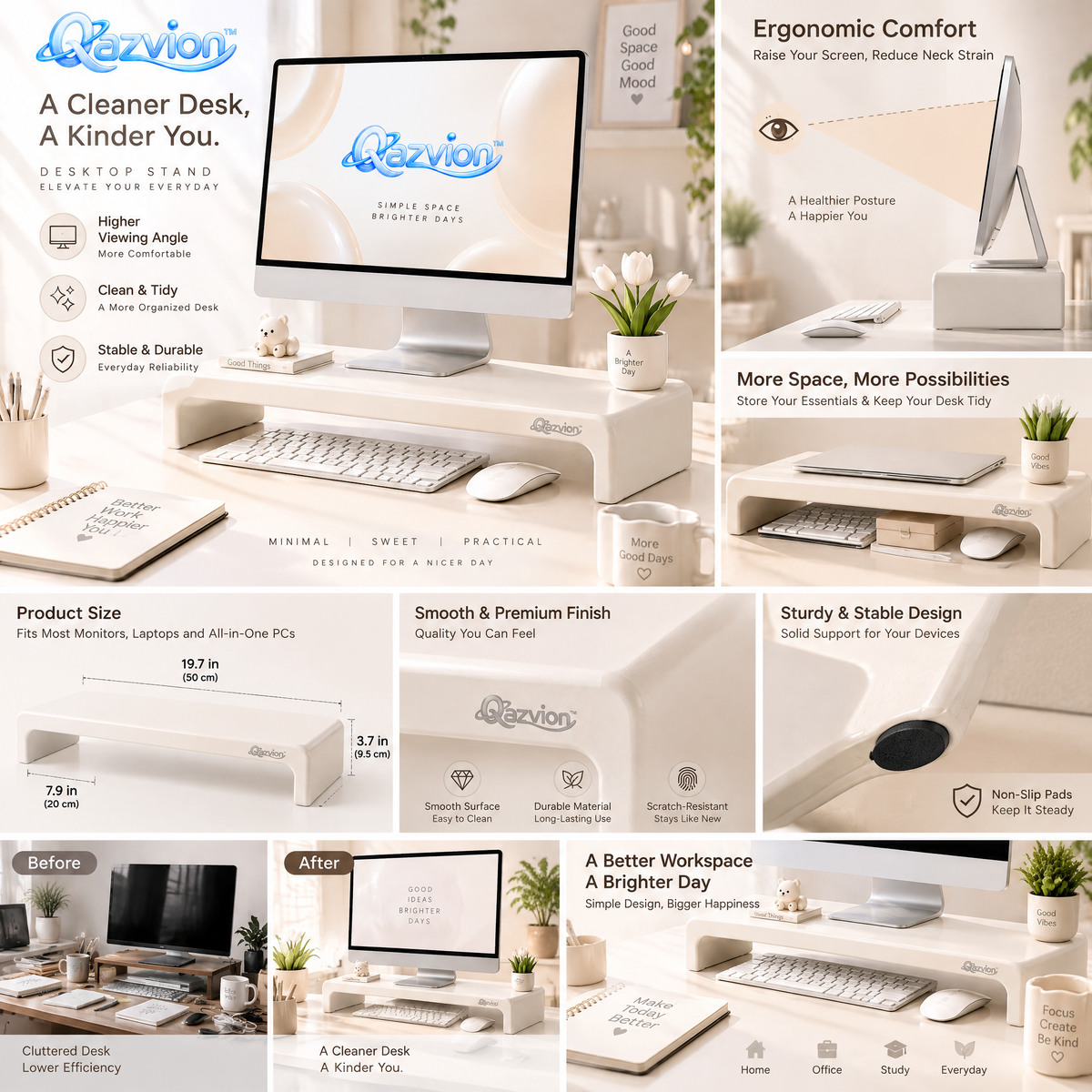 Qazvion™ Minimalist Desktop Monitor Riser — features and setup