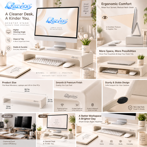 Qazvion™ Minimalist Desktop Monitor Riser — features and setup