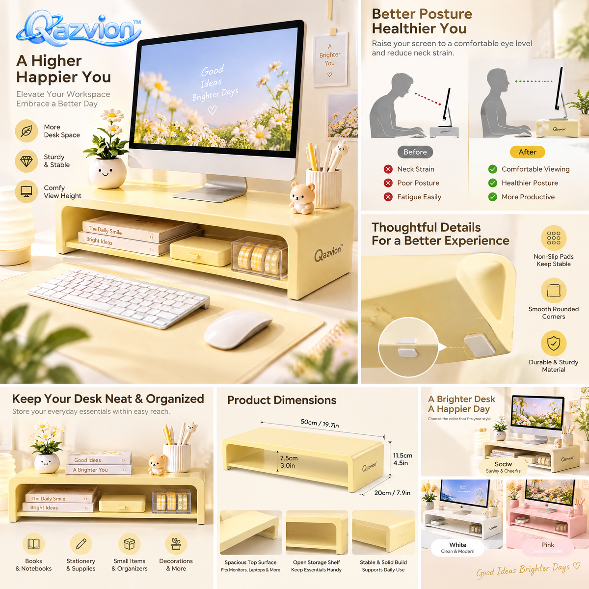 Qazvion™ Sunny Yellow Desktop Monitor Riser Organizer — features and setup