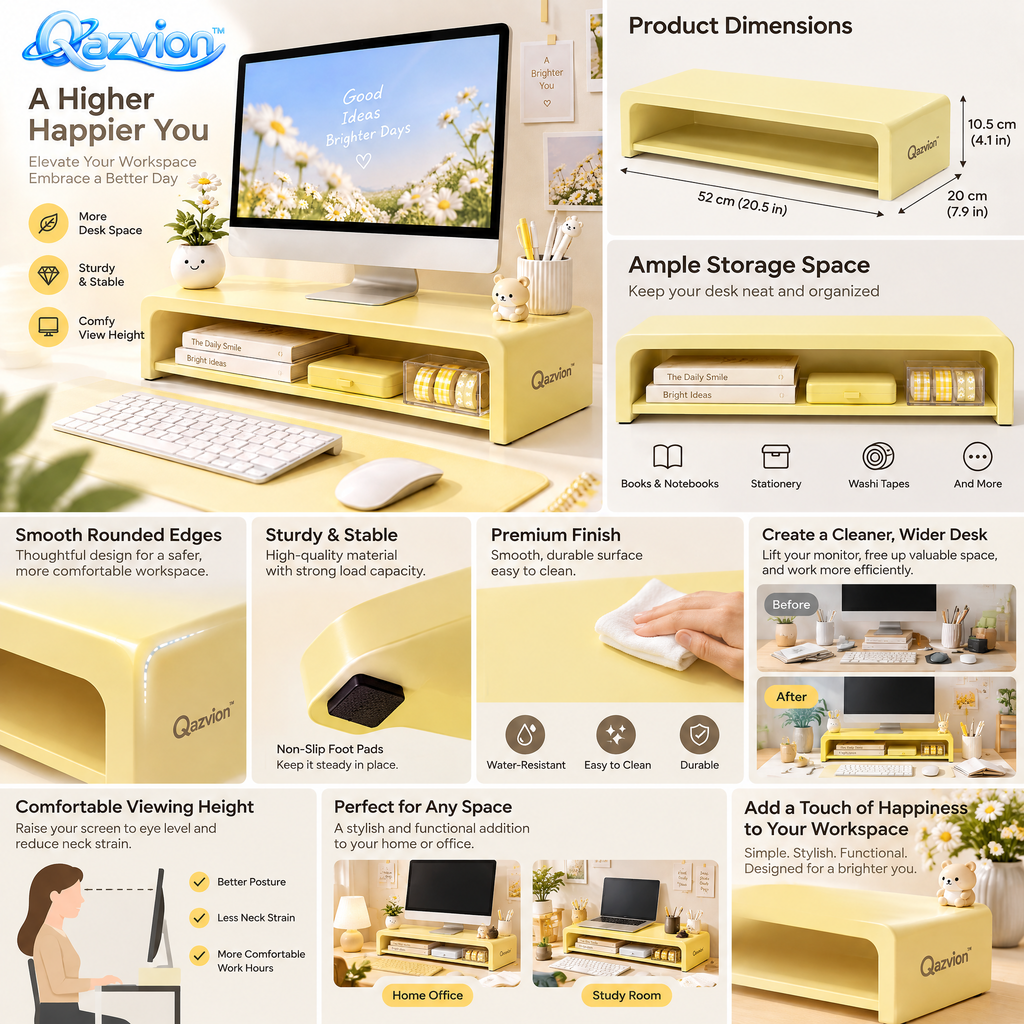 Qazvion™ Sunny Yellow Desktop Monitor Riser Organizer — product details
