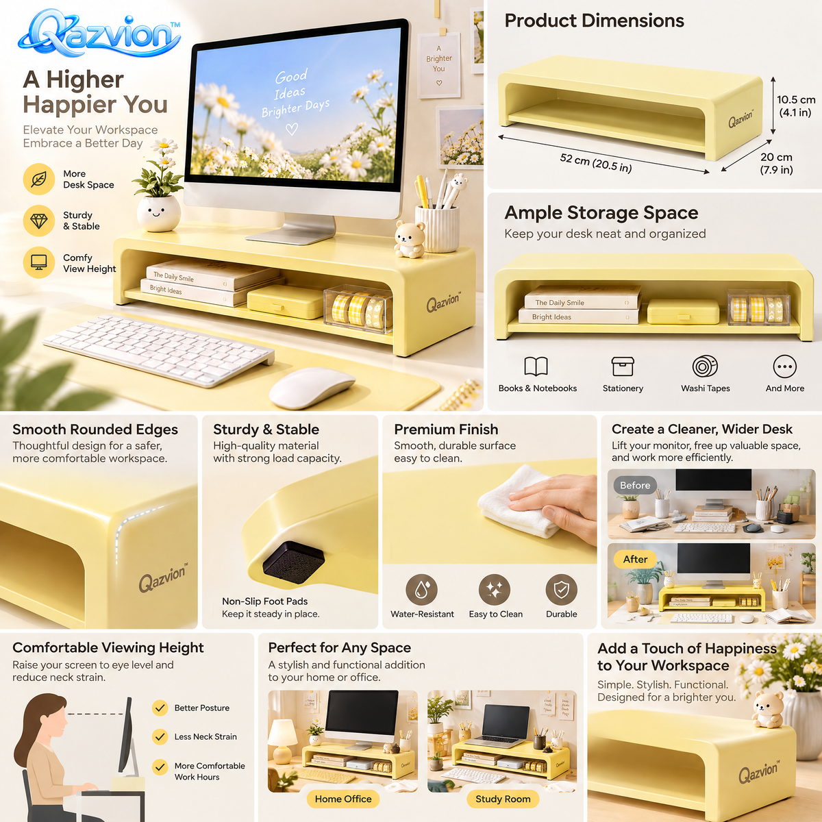 Qazvion™ Sunny Yellow Desktop Monitor Riser Organizer — product details
