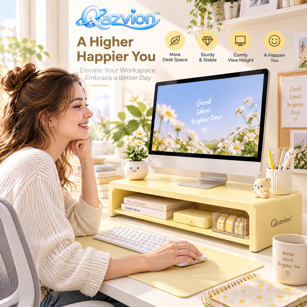 Qazvion™ Sunny Yellow Desktop Monitor Riser Organizer — workspace styling