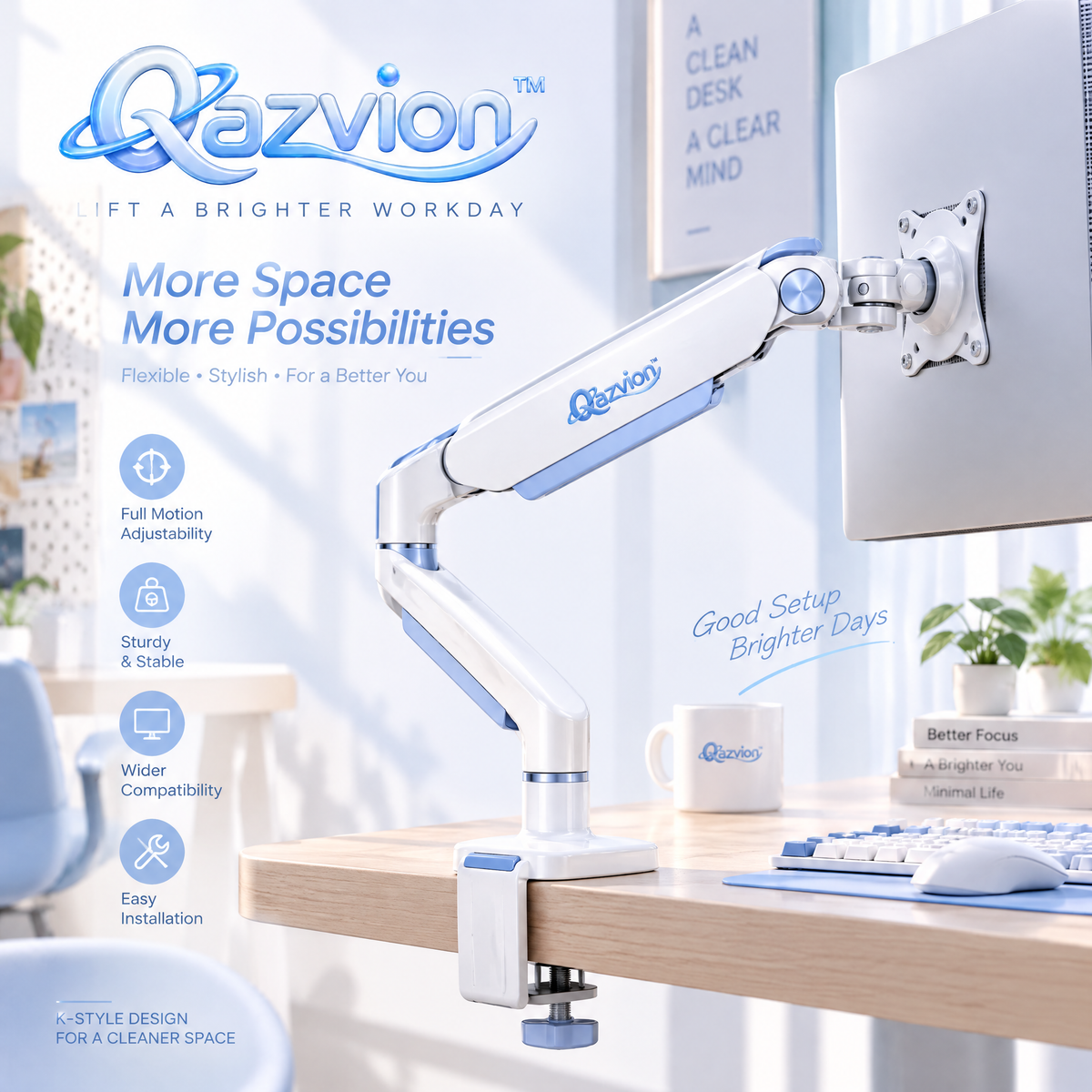Qazvion™ White & Blue Full-Motion Monitor Arm — main design