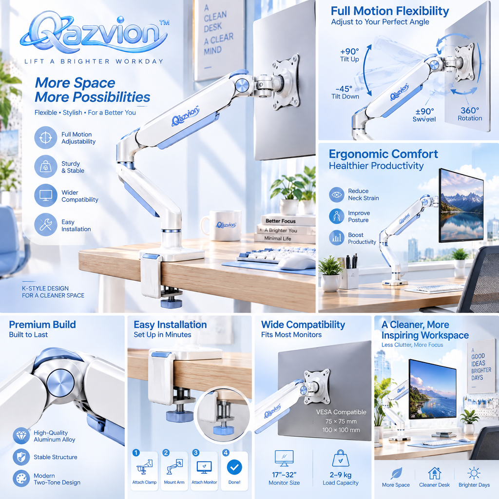 Qazvion™ White & Blue Full-Motion Monitor Arm — features and setup