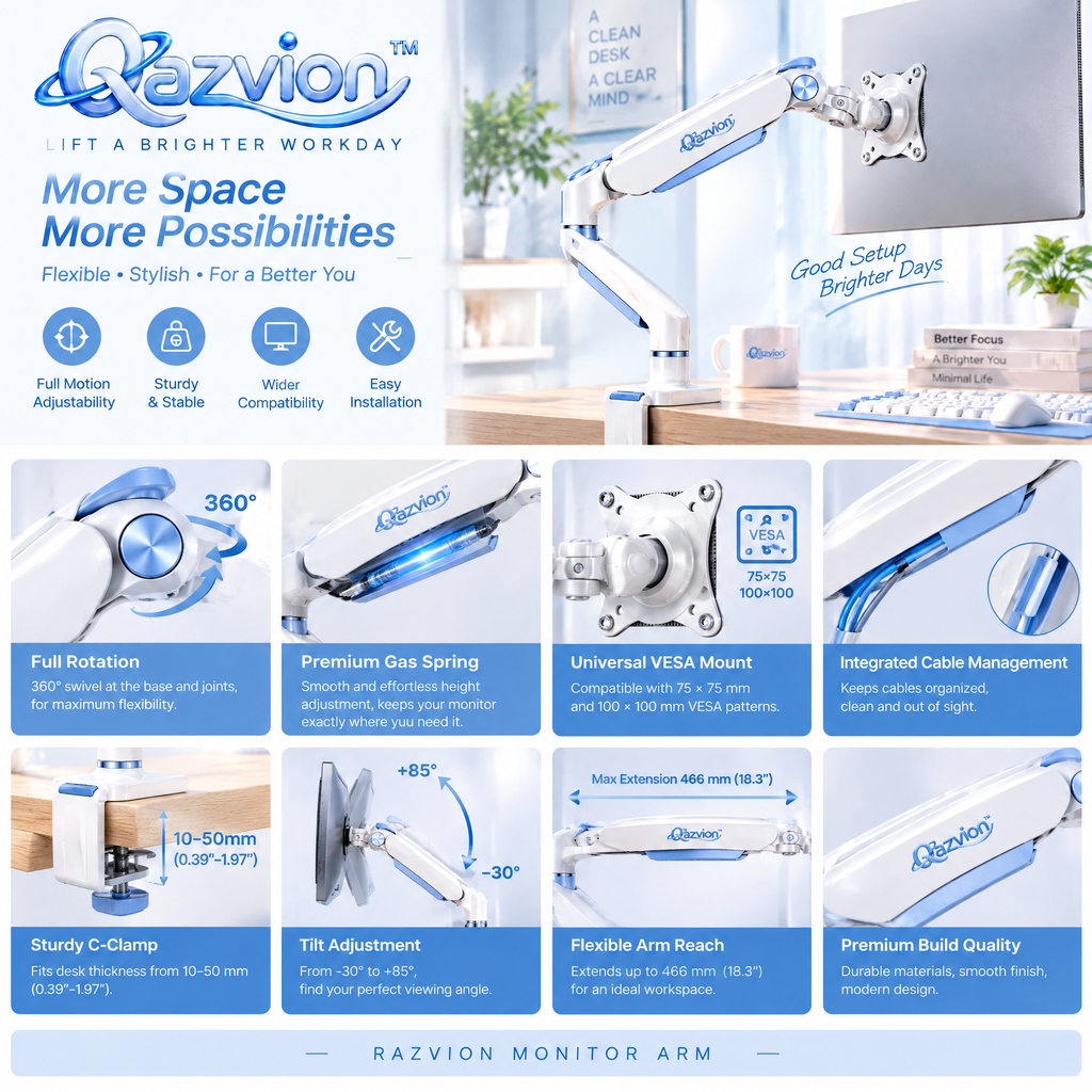Qazvion™ White & Blue Full-Motion Monitor Arm — product details