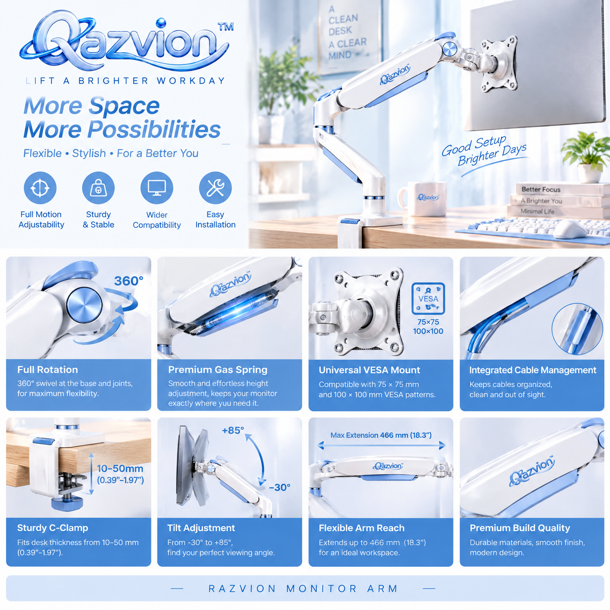 Qazvion™ White & Blue Full-Motion Monitor Arm — product details