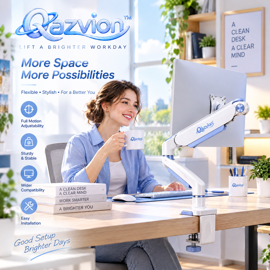 Qazvion™ White & Blue Full-Motion Monitor Arm — workspace styling