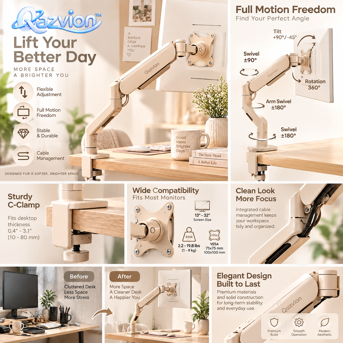 Qazvion™ Beige Adjustable Monitor Desk Mount — features and setup