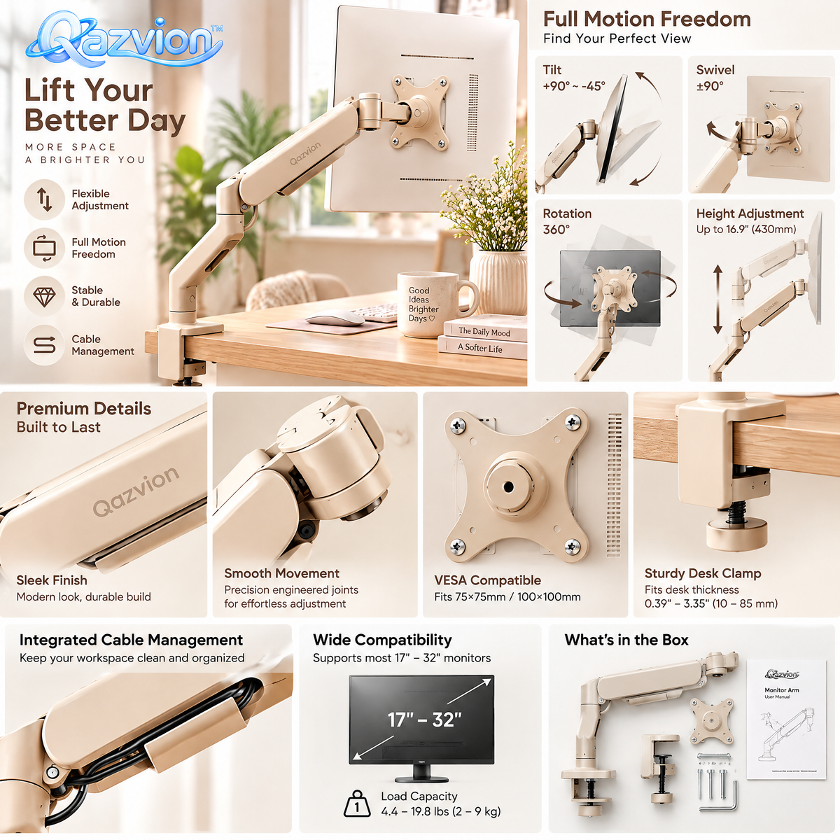 Qazvion™ Beige Adjustable Monitor Desk Mount — product details