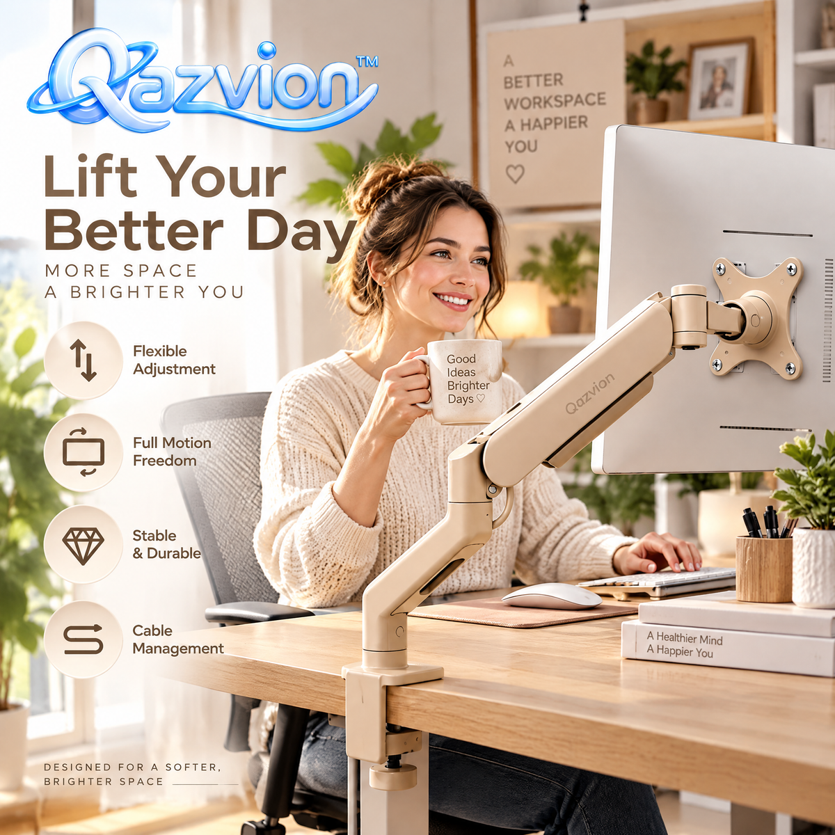 Qazvion™ Beige Adjustable Monitor Desk Mount — workspace styling