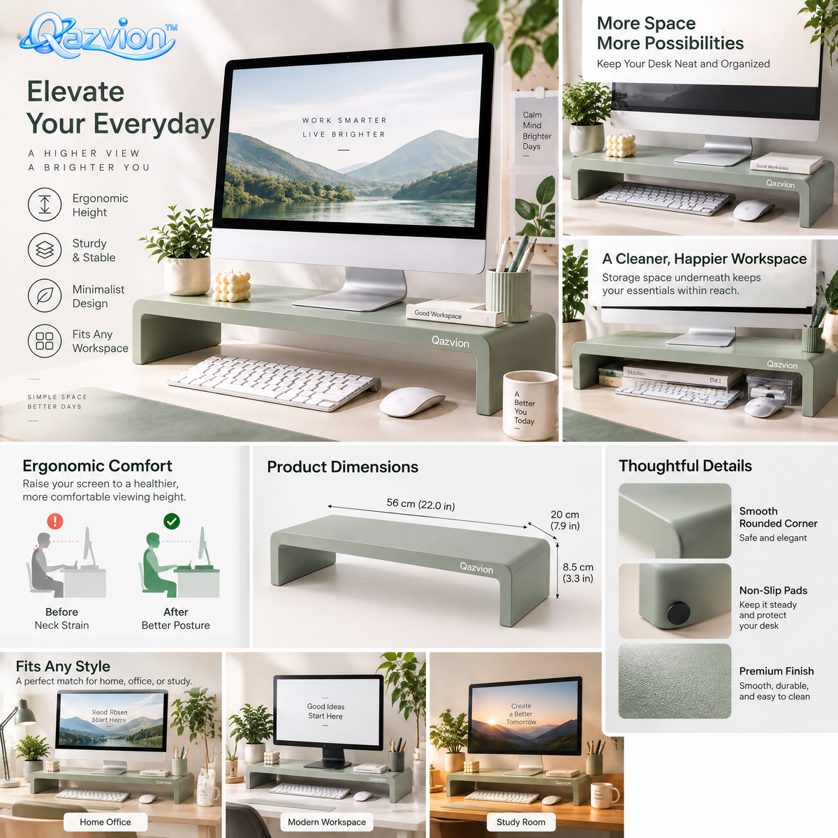 Qazvion™ Sage Green Minimalist Monitor Riser — features and setup