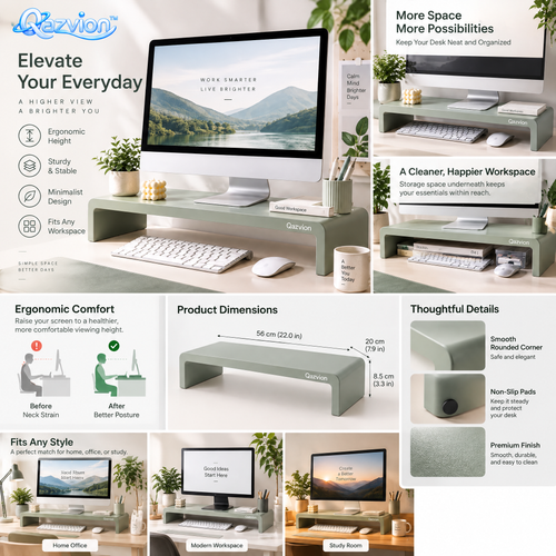 Qazvion™ Sage Green Minimalist Monitor Riser — features and setup