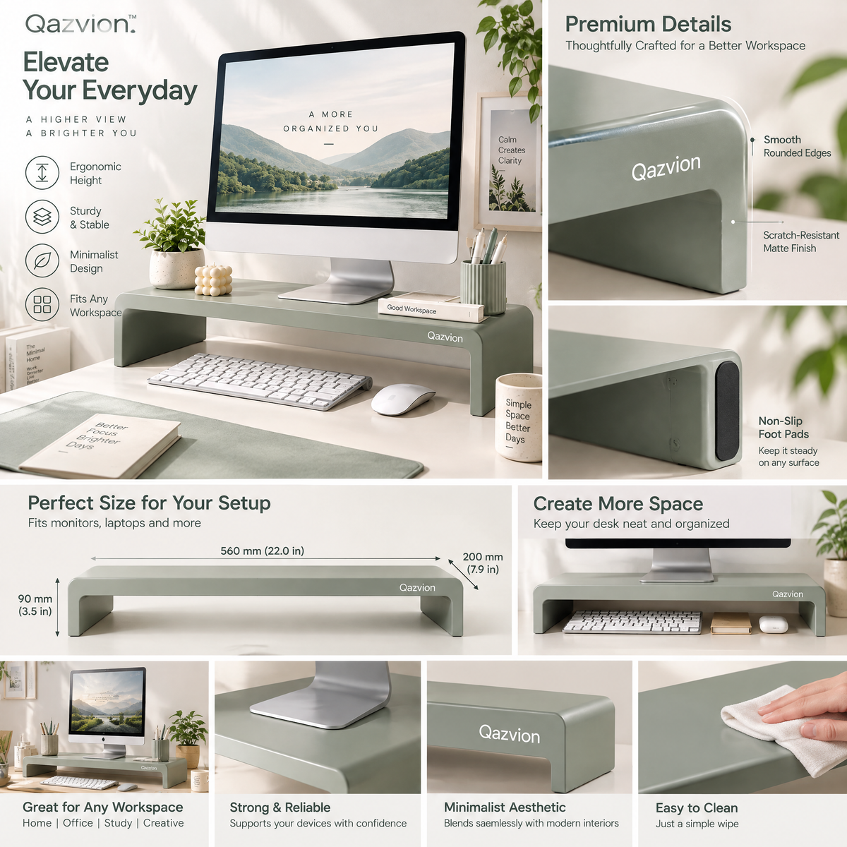 Qazvion™ Sage Green Minimalist Monitor Riser — product details