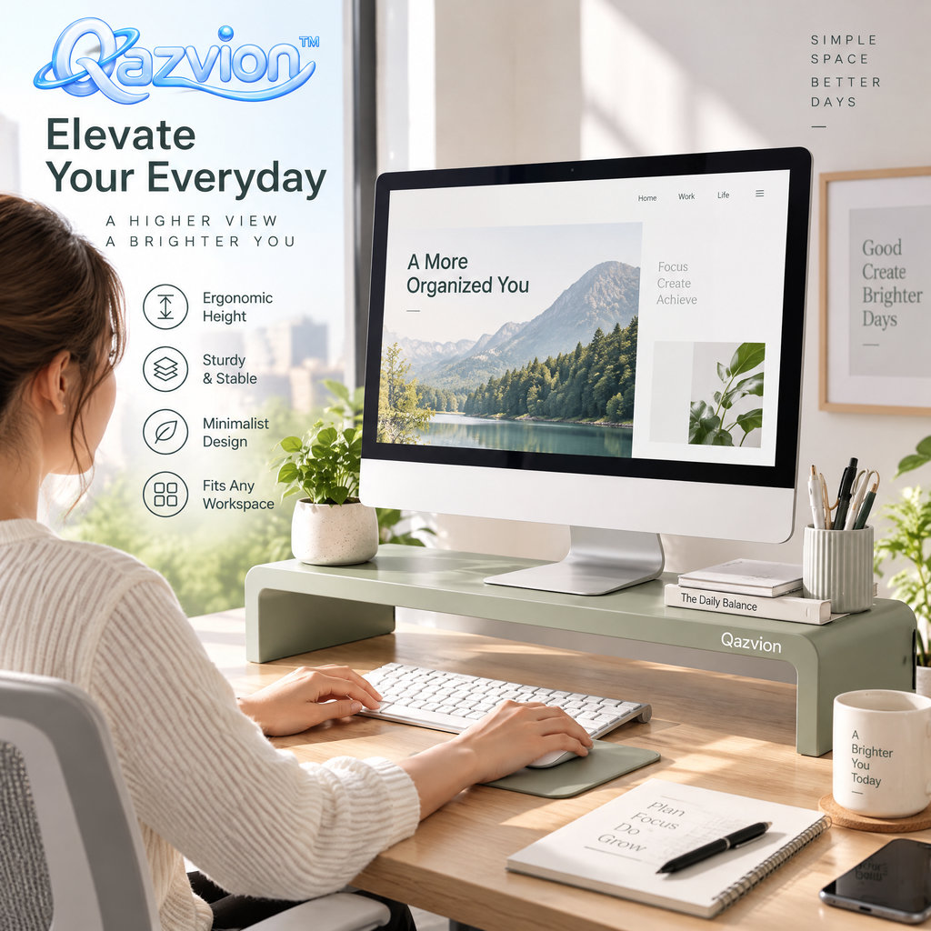 Qazvion™ Sage Green Minimalist Monitor Riser — workspace styling