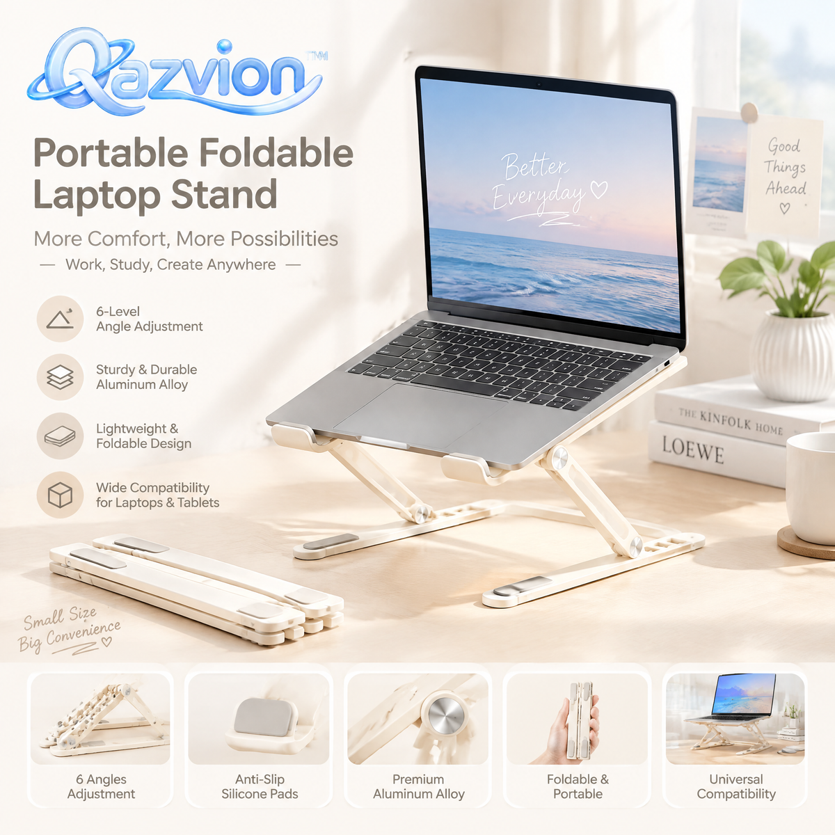 Qazvion™ Portable Foldable Laptop Stand – Cream — main design