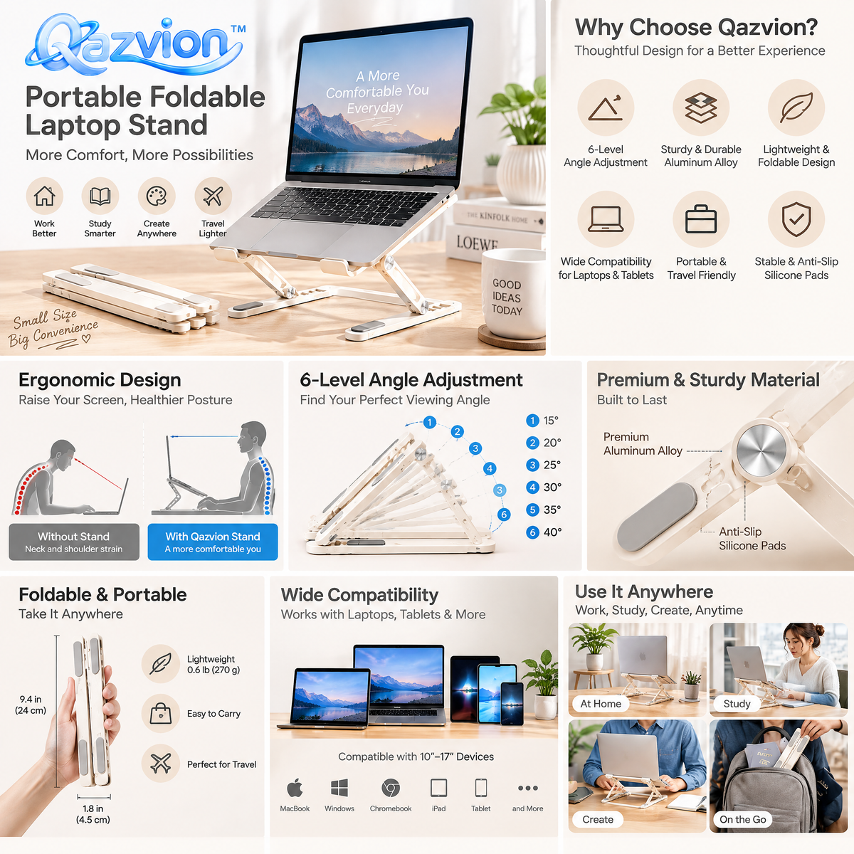 Qazvion™ Portable Foldable Laptop Stand – Cream — features and setup