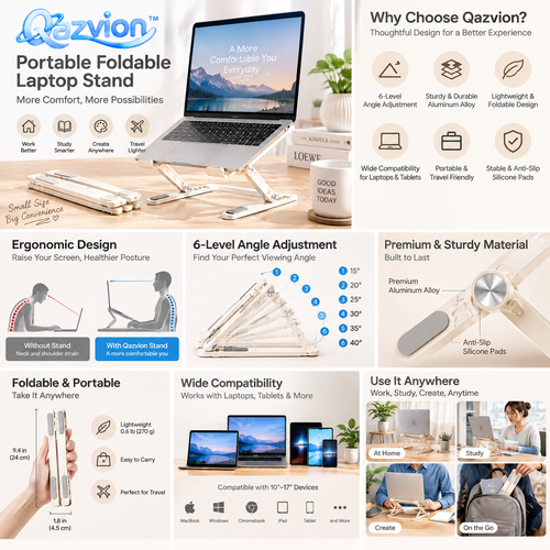 Qazvion™ Portable Foldable Laptop Stand – Cream — features and setup