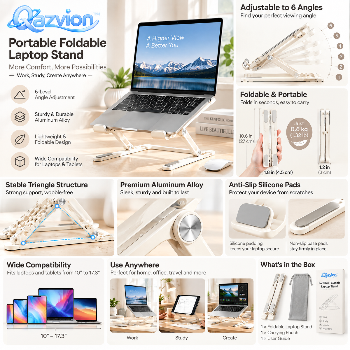 Qazvion™ Portable Foldable Laptop Stand – Cream — product details