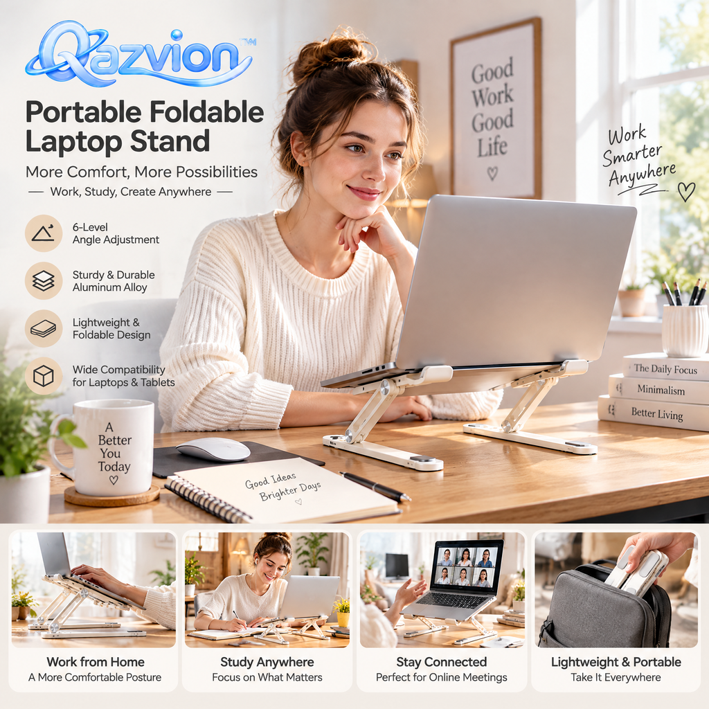 Qazvion™ Portable Foldable Laptop Stand – Cream — workspace styling