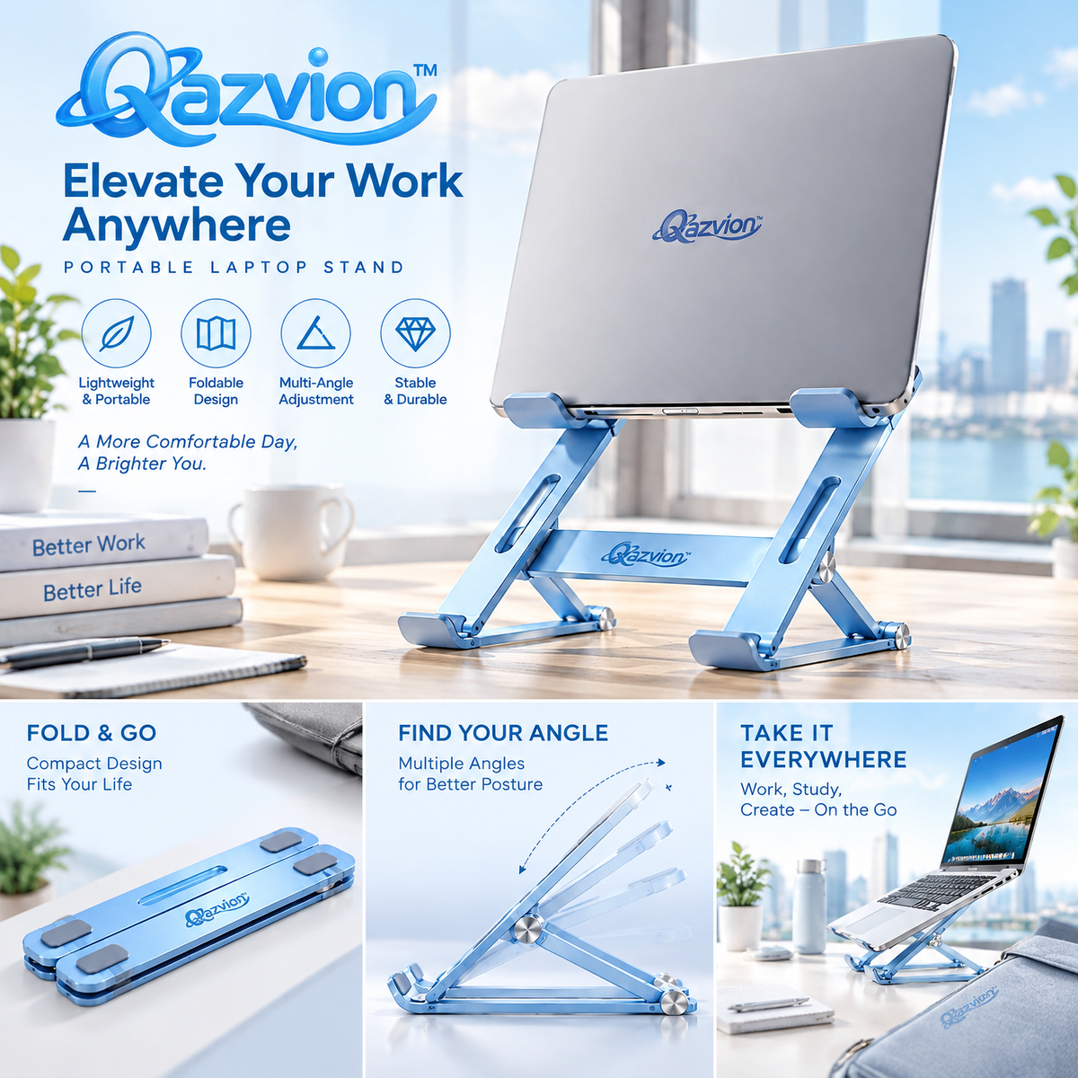 Qazvion™ Portable Foldable Laptop Stand – Blue — features and setup