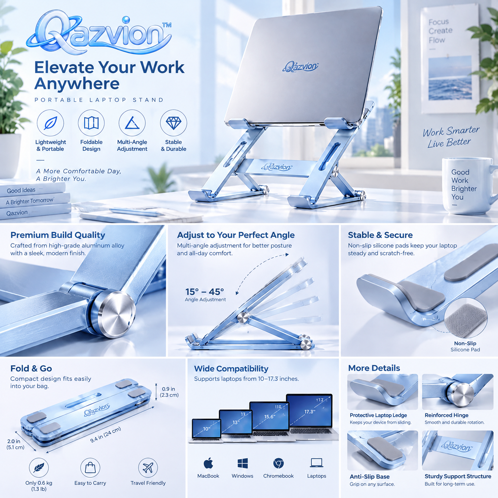 Qazvion™ Portable Foldable Laptop Stand – Blue — product details