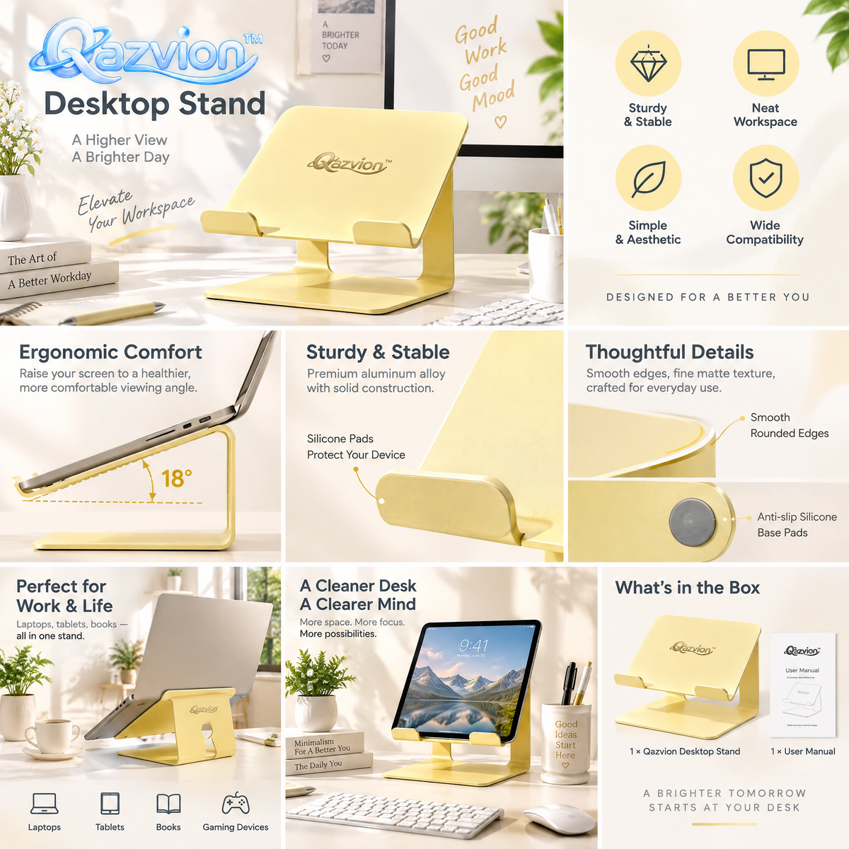 Qazvion™ Gold Adjustable Laptop & Tablet Stand — features and setup