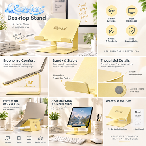 Qazvion™ Gold Adjustable Laptop & Tablet Stand — features and setup