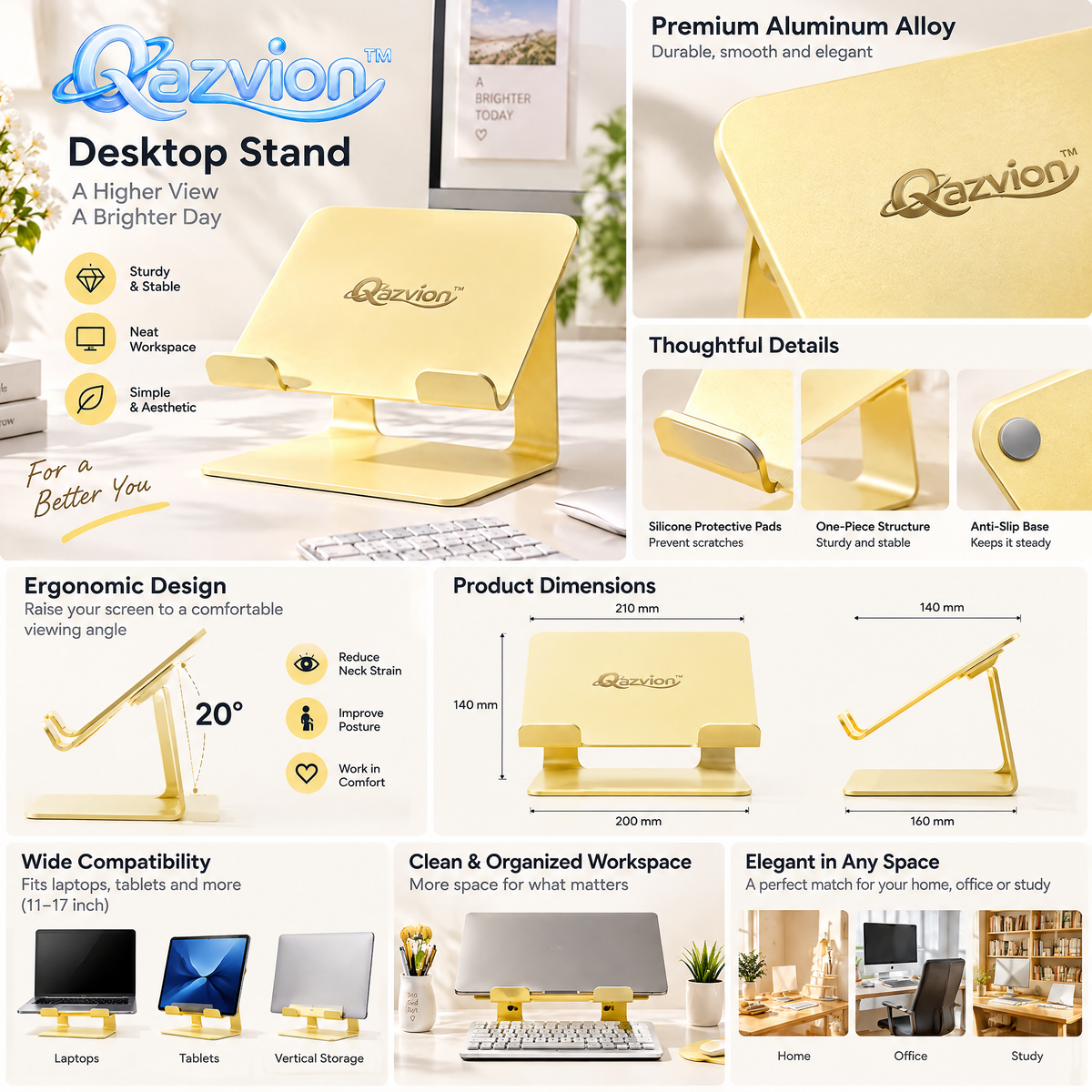 Qazvion™ Gold Adjustable Laptop & Tablet Stand — product details