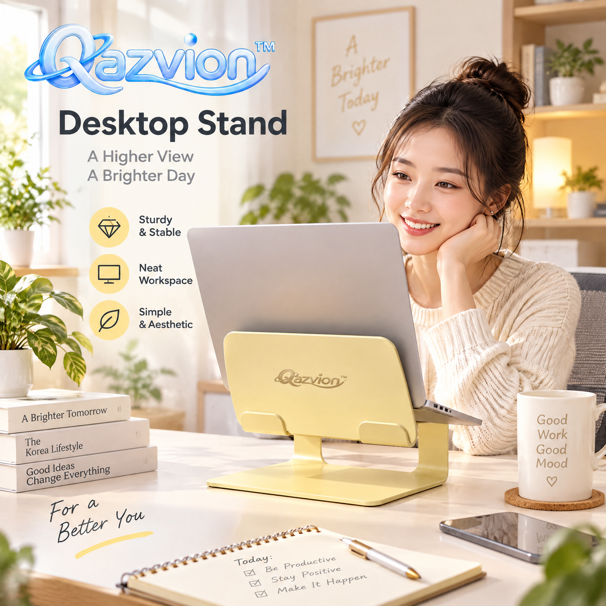Qazvion™ Gold Adjustable Laptop & Tablet Stand — workspace styling