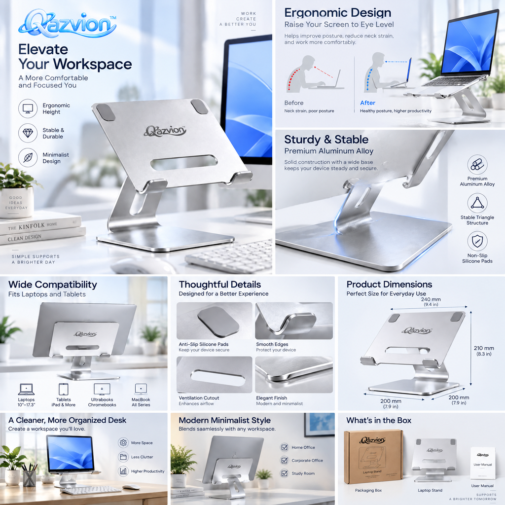 Qazvion™ Silver Adjustable Aluminum Laptop Stand — features and setup