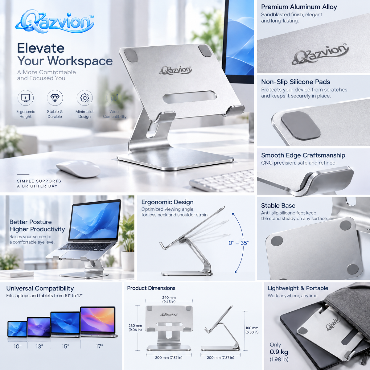 Qazvion™ Silver Adjustable Aluminum Laptop Stand — product details