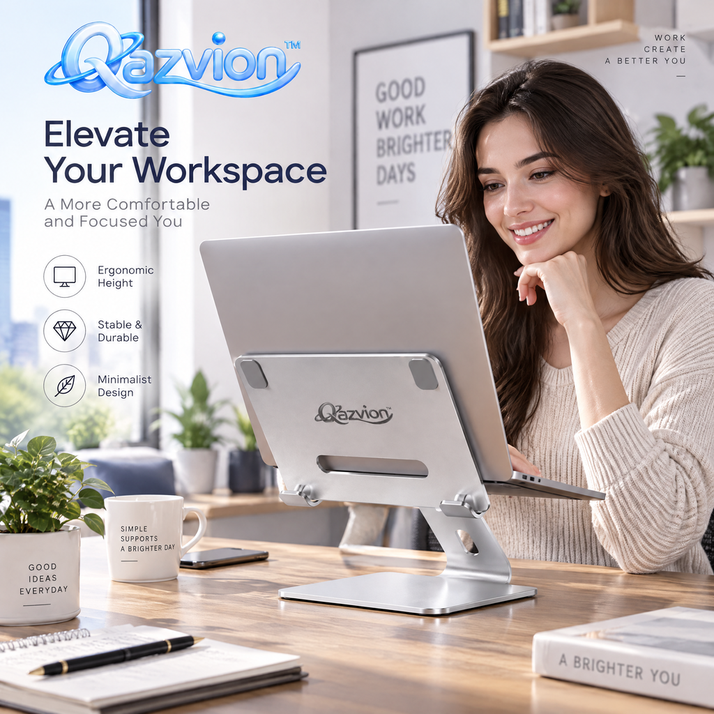 Qazvion™ Silver Adjustable Aluminum Laptop Stand — workspace styling