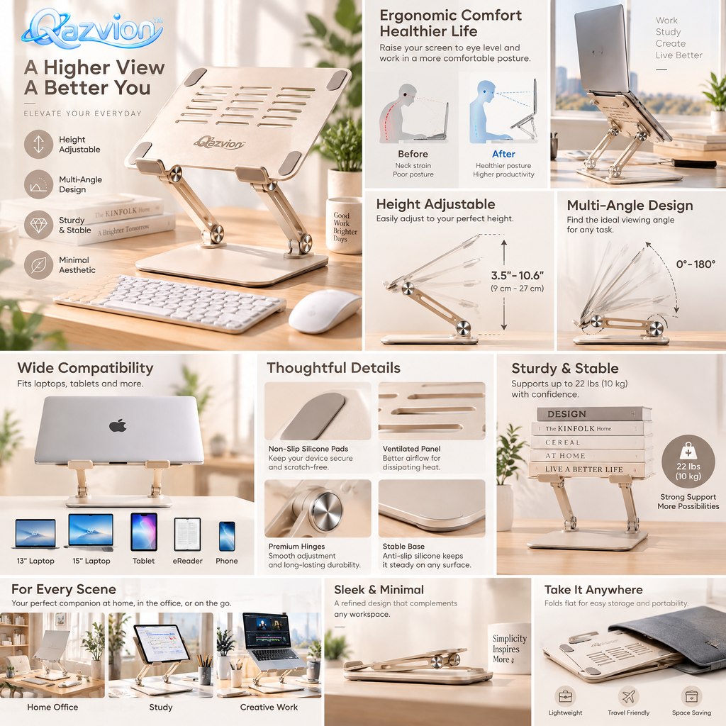 Qazvion™ Rose Gold Multi-Angle Laptop Stand — features and setup