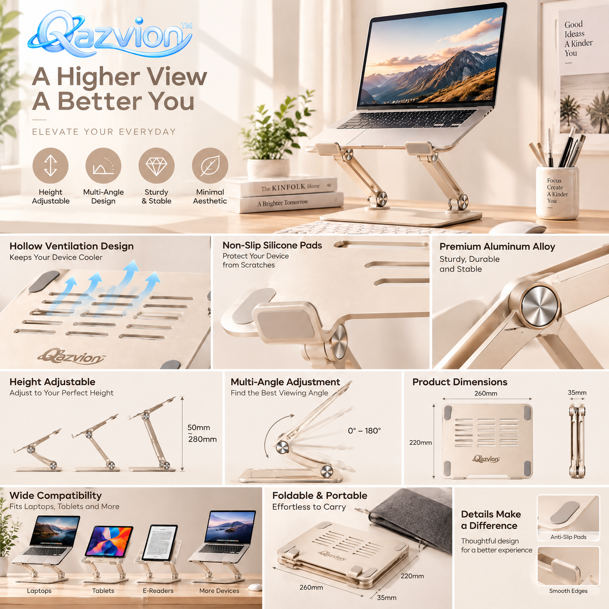Qazvion™ Rose Gold Multi-Angle Laptop Stand — product details