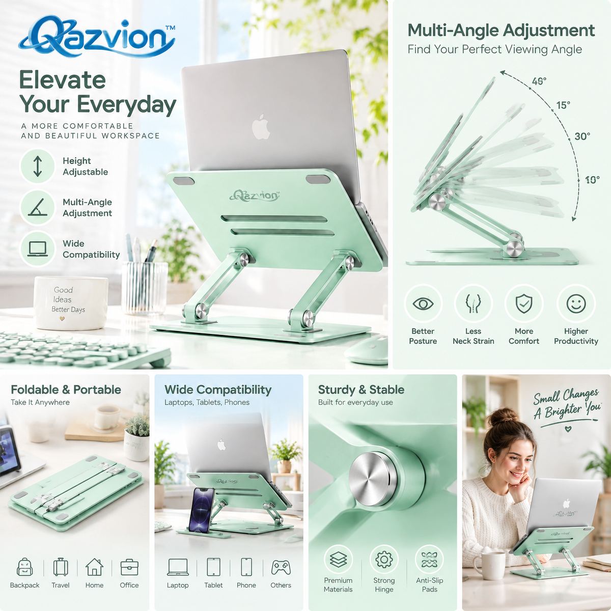 Qazvion™ Mint Green Adjustable Laptop Stand — features and setup