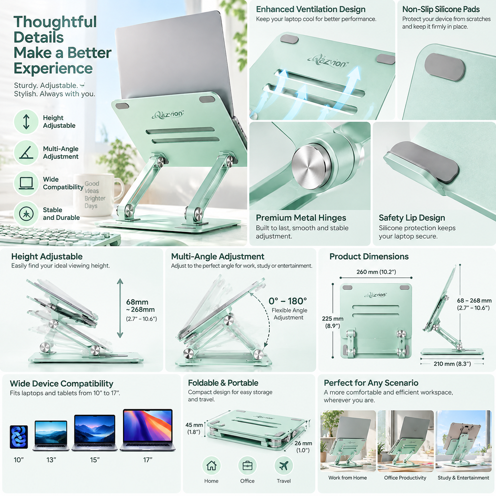 Qazvion™ Mint Green Adjustable Laptop Stand — product details