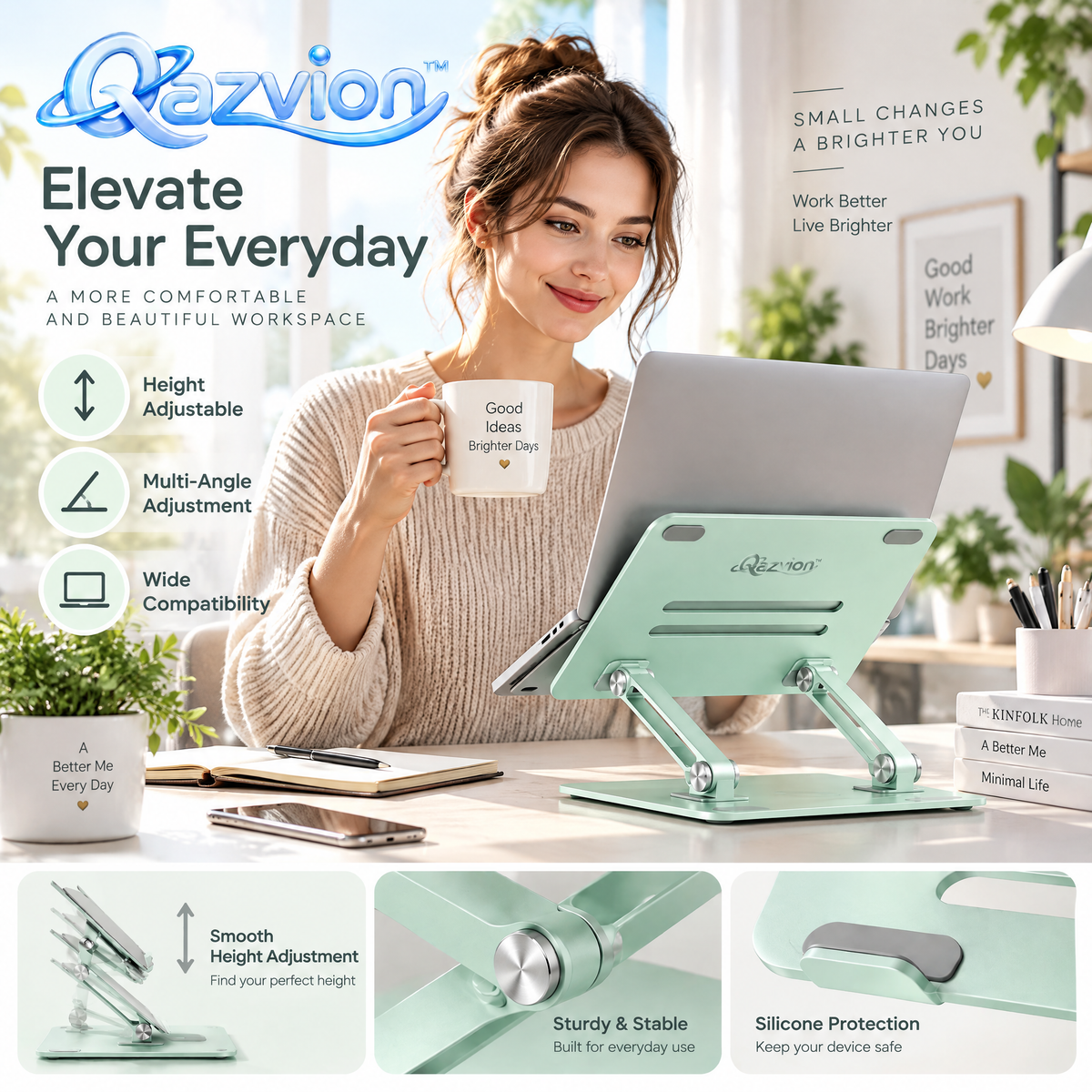 Qazvion™ Mint Green Adjustable Laptop Stand — workspace styling