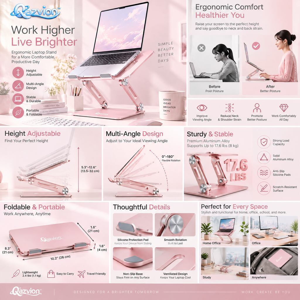 Qazvion™ Pink Ergonomic Adjustable Laptop Stand — features and setup