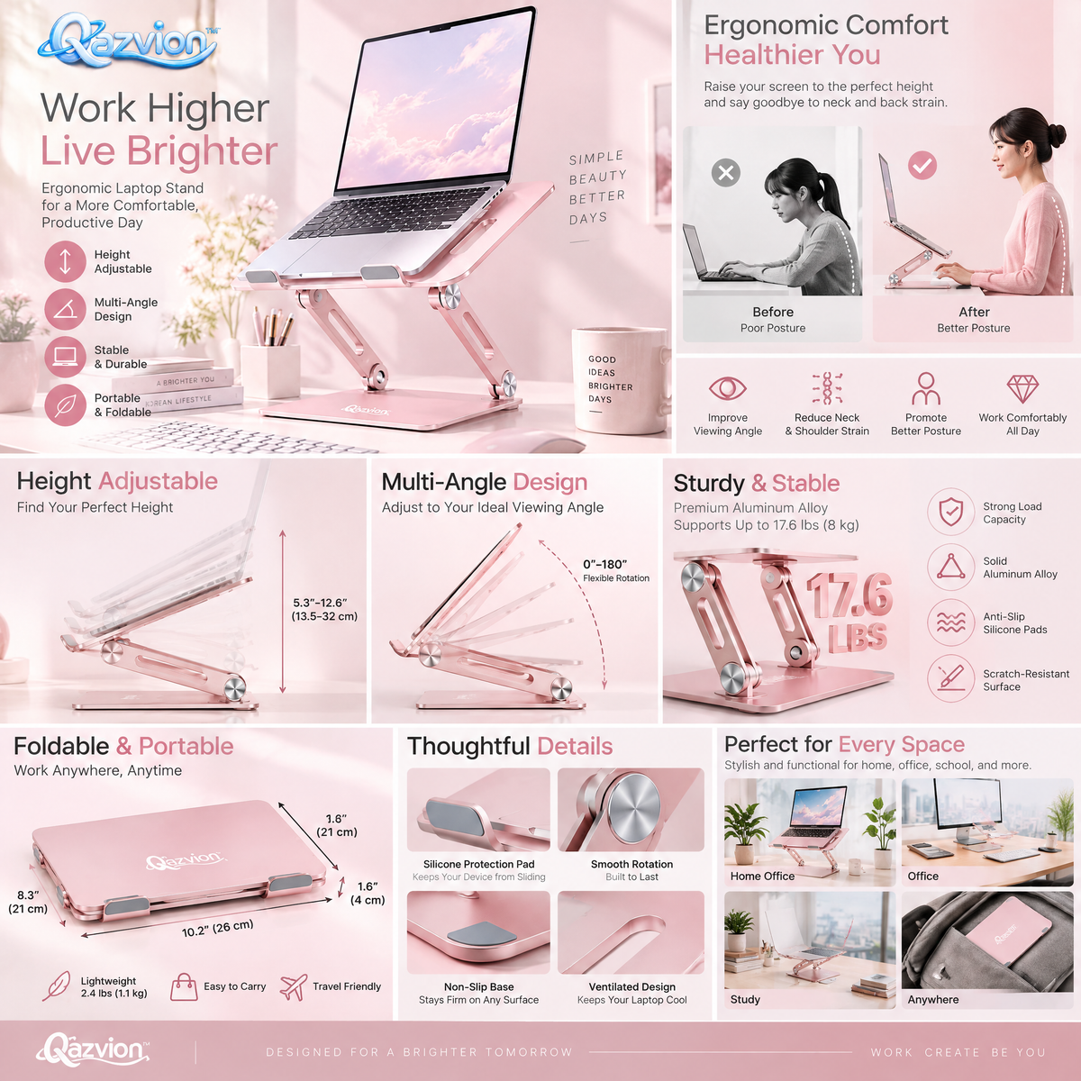 Qazvion™ Pink Ergonomic Adjustable Laptop Stand — features and setup