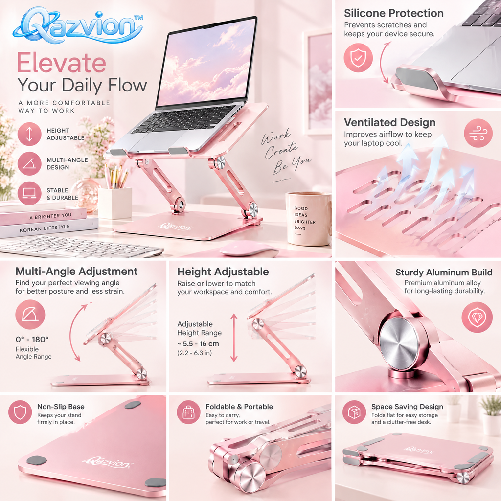Qazvion™ Pink Ergonomic Adjustable Laptop Stand — product details
