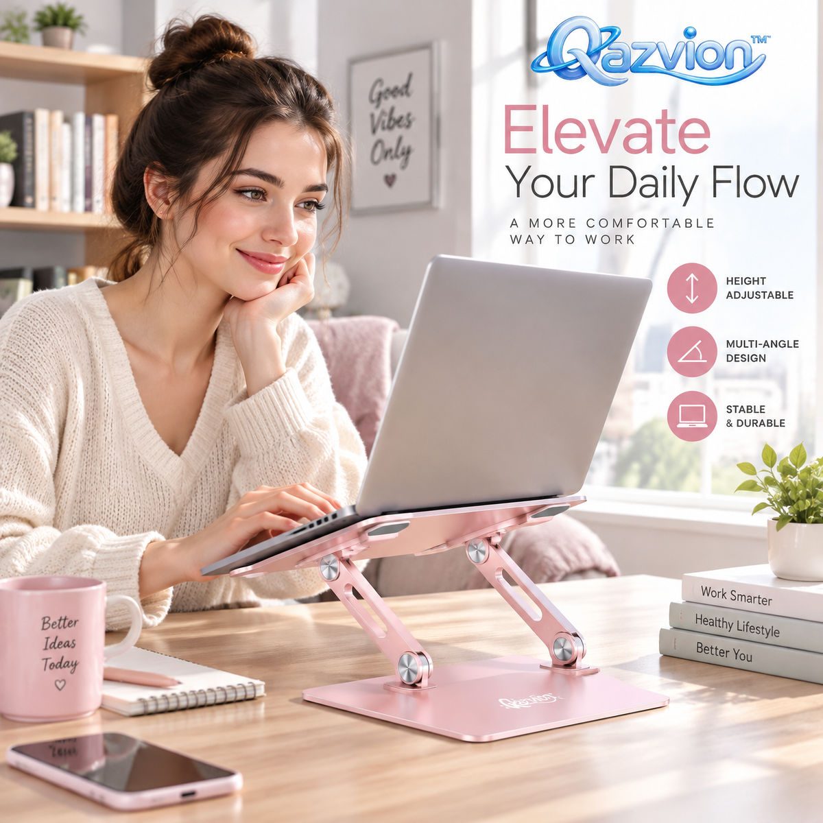 Qazvion™ Pink Ergonomic Adjustable Laptop Stand — workspace styling