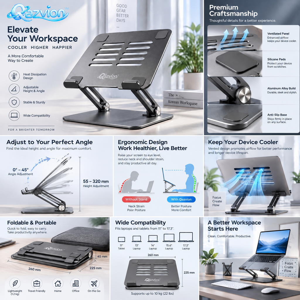 Qazvion™ Graphite Ventilated Laptop Stand — features and setup