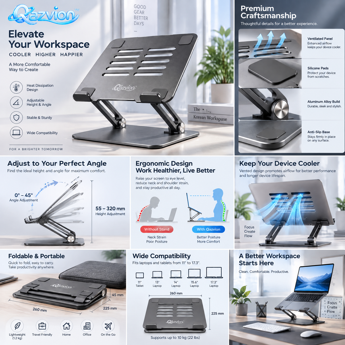 Qazvion™ Graphite Ventilated Laptop Stand — features and setup