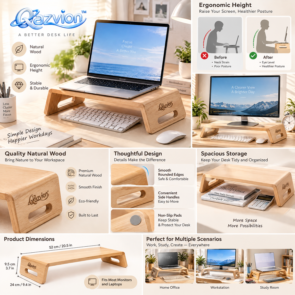 Qazvion™ Natural Wood Desktop Monitor Riser — features and setup