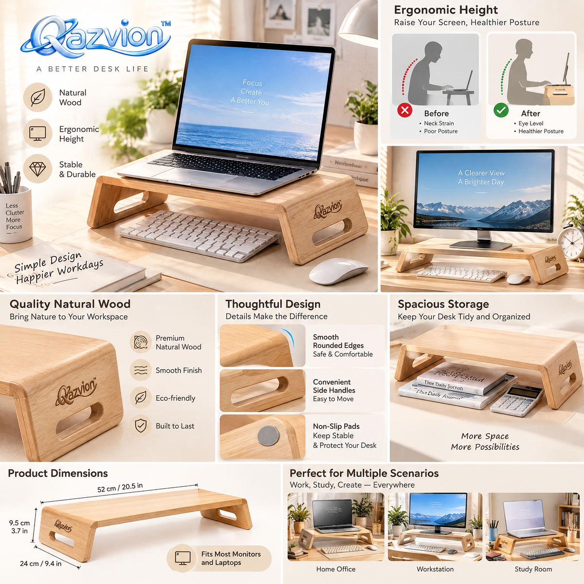 Qazvion™ Natural Wood Desktop Monitor Riser — features and setup