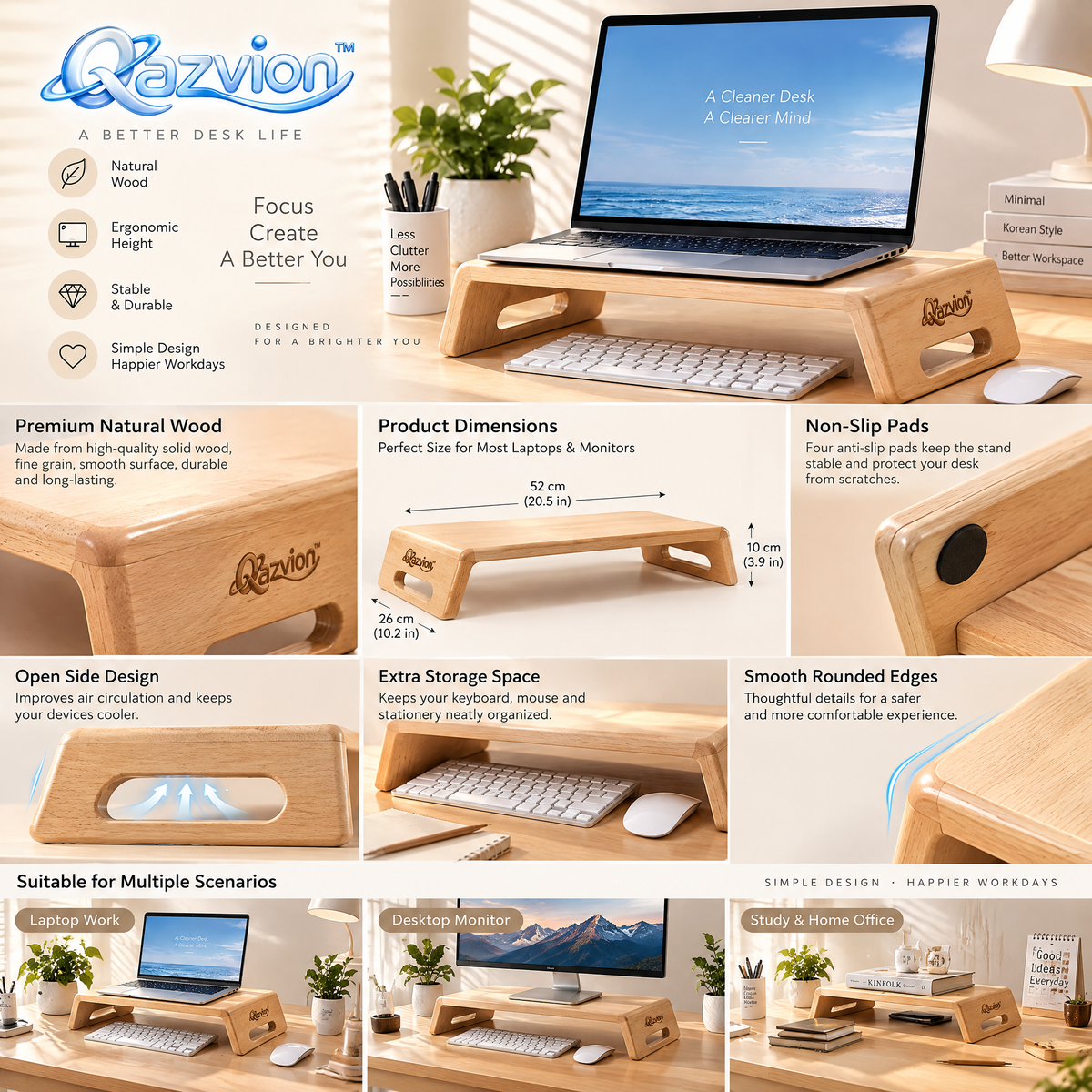 Qazvion™ Natural Wood Desktop Monitor Riser — product details