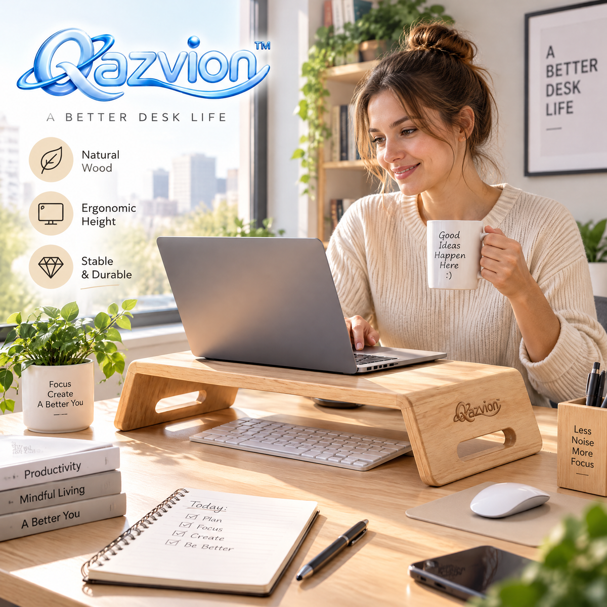 Qazvion™ Natural Wood Desktop Monitor Riser — workspace styling