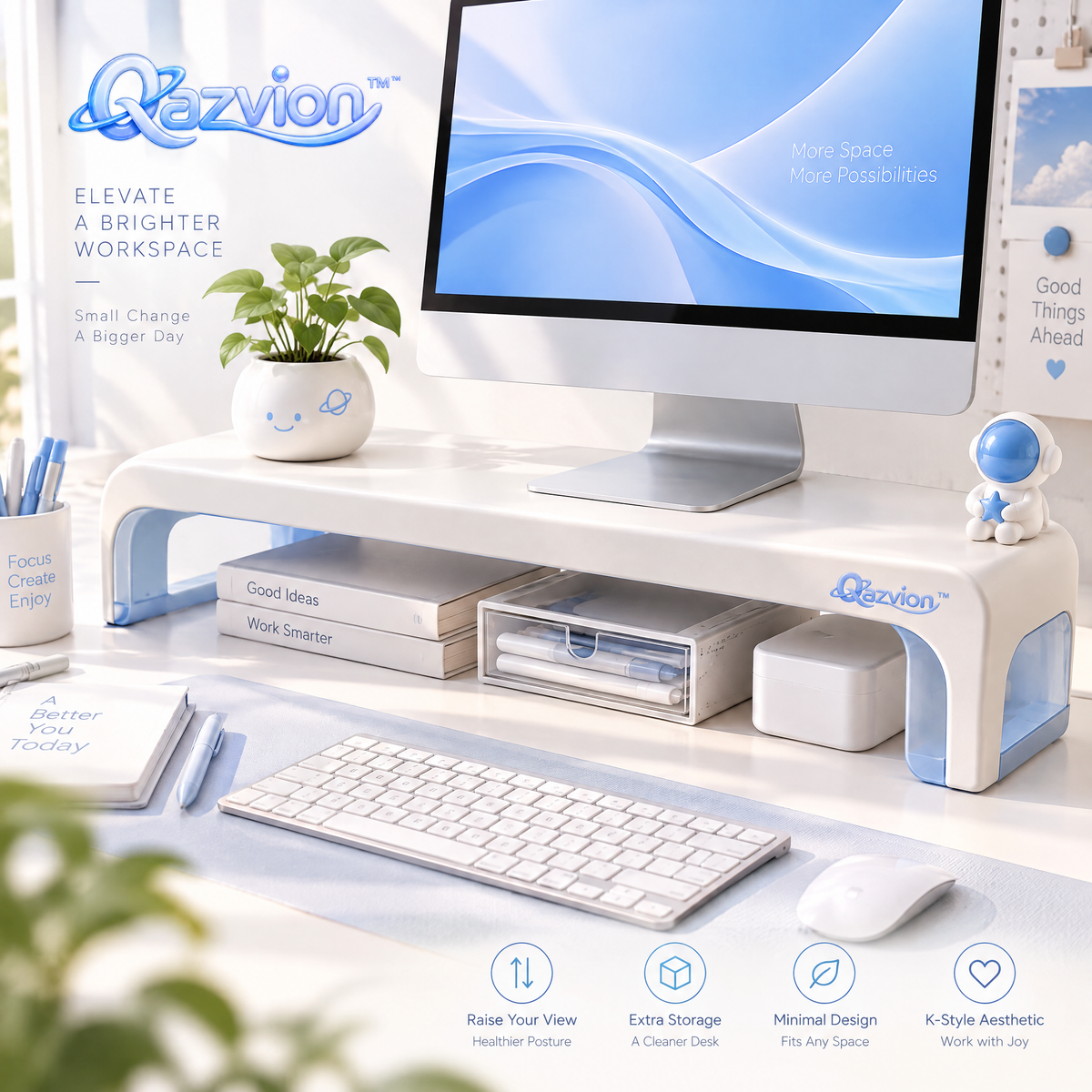 Qazvion™ White Desktop Monitor Riser with Storage — main design