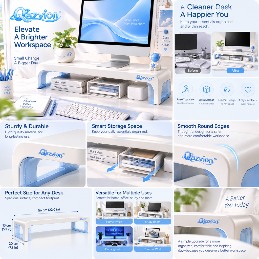 Qazvion™ White Desktop Monitor Riser with Storage — features and setup