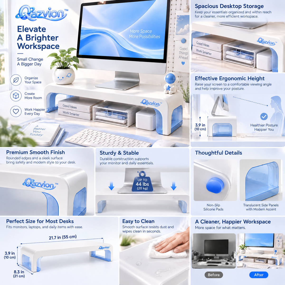 Qazvion™ White Desktop Monitor Riser with Storage — product details